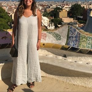 White grey striped linen wide leg overall jumpsuit